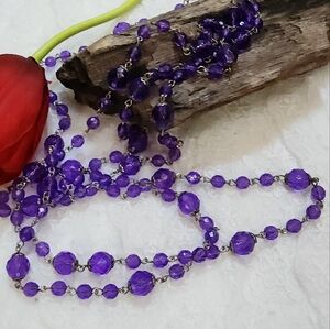 Necklace With Acrylic Purple Beads Linked With Silver Tone Wire Chain